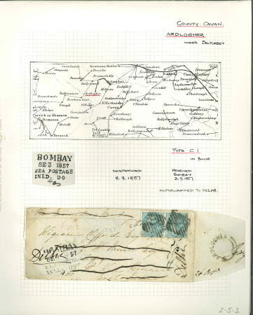 Stamp of Ireland » Postal History (Arranged alphabetically by County) Cavan - Ardlogher: 1857 (8.8) Small envelope from Ardlogher, via Belturbet to Bombay, India, redirected with QV 1/2a blue pair, on to Delhi, with BOMBAY/SE.3.1857/SEA POSTAGE/4as alongside, backstamped undated circular A