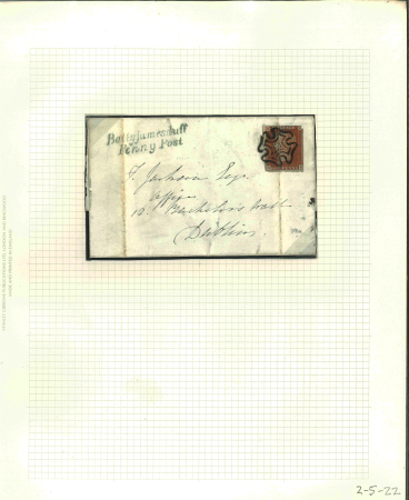 Stamp of Ireland » Postal History (Arranged alphabetically by County) Cavan - Ballyjamesduff: 1820-1844 Attractive group of six covers or part covers mounted on 5 album pages, 2-line italic Ballyjamesduff/Penny Post in black and blue, BALLYJAMESDUFF/46 and BALLYJAMESDUFF/44 in black, undat