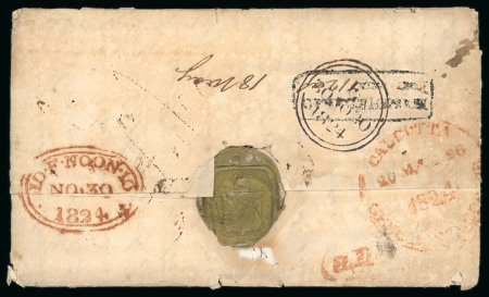 Stamp of India » Postal History Maritime Mail 1824 (May 20) Moorshedabad entire to Camberwell, Surrey, INDIA LETTER PORTSMOUTH