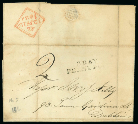 Stamp of Ireland » Postal History (Arranged alphabetically by County) Wicklow - Bray: 1795-1838 Attractive group of twelve covers or part covers mounted on 10 album pages, showing an array of postal markings including linear BRAY with circular FREE on 1795 cover, two more similar cover of