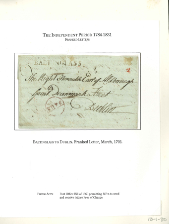 Stamp of Ireland » Postal History (Arranged alphabetically by County) Wicklow - Baltinglass: 1792-1838 Attractive group of fifteen covers or part covers mounted on 11 album pages, showing an array of postal markings including linear BALTINGLASS with circular FREE on three covers, BALTINGLA
