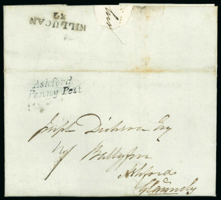 Stamp of Ireland » Postal History (Arranged alphabetically by County) Wicklow - Ashford: 1828-1850 Attractive group of six covers or part covers mounted on 5 album pages, showing an array of postal markings including linear 2-line ASHFORD/21 in blue, italic Ashford/Penny Post in black and
