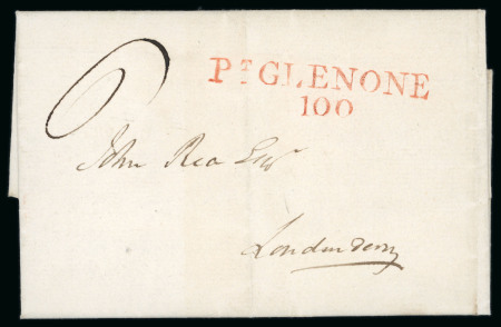 Stamp of Ireland » Postal History (Arranged alphabetically by County) Antrim: 1792-1860 Attractive group of forty-one covers or part covers mounted on 26 album pages, showing an array of postal markings including linear BELLAGHY in black, 2-line BUSHMILLS/127 in black (3), linear BUSHMILLS