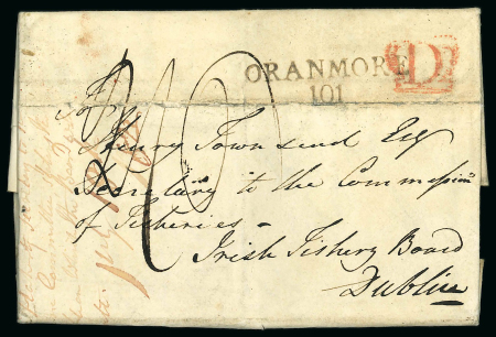 Stamp of Ireland » Postal History (Arranged alphabetically by County) Galway - Oranmore: 1822-1848 Attractive group of four covers or part covers mounted on 4 album pages, showing an array of postal markings including ORANMORE/101 mileage in black (2) one showing "D" in red Crown alongside