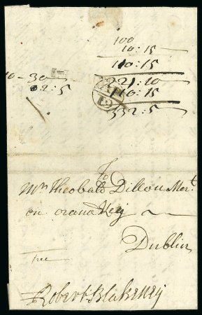 Stamp of Ireland » Postal History (Arranged alphabetically by County) Galway - Loughrea: 1731-1836 Attractive group of seven covers or part covers mounted on 6 album pages, showing an array of postal markings including early abbreviated linear L-REAGH in black on 1731 entire to Dublin, red