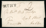 Stamp of Ireland » Postal History (Arranged alphabetically by County) Kildare - Athy to Stratford: 1770-1859 Attractive group of seventy-four covers or part covers mounted on 60 album pages, showing an array of postal markings including large type linear ATHY in back with one on early 1770