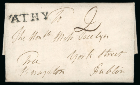 Stamp of Ireland » Postal History (Arranged alphabetically by County) Kildare - Athy to Stratford: 1770-1859 Attractive group of seventy-four covers or part covers mounted on 60 album pages, showing an array of postal markings including large type linear ATHY in back with one on early 1770