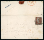 Stamp of Ireland » Postal History (Arranged alphabetically by County) Limerick - Ardagh: 1852 Folded entire to Cornwall, franked 1841 1d red, tied by superb diamond number "353 of Newcastle West in transit, showing on reverse superb strike of the sans serif ARAGH type 2A receiver in blue, 