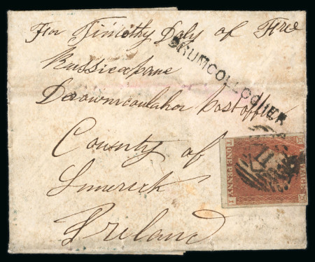 Stamp of Ireland » Postal History (Arranged alphabetically by County) Limerick - Brumcollogher: 1851 Miniature square folded entire from London to Brumcollogher, franked 1841 1d red, tied by London numeral, showing very fine strike of the sans serif BRUMCOLLOGHER type 2A receiver in black,