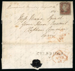 Stamp of Ireland » Postal History (Arranged alphabetically by County) Kildare - Celbridge: 1841 Folded envelope to Clapham Common, franked 1841 1d red, PI, plate 8 from the Black plate, four clear margins tied clear complete MC in black, with CELBRIDGE/9 and Dublin diamond ds on back flap,