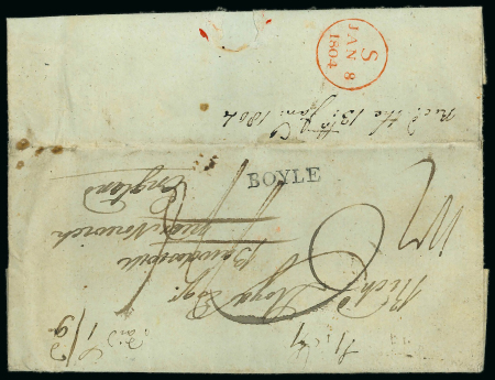 Stamp of Ireland » Postal History (Arranged alphabetically by County) Roscommon - Boyle: 1799-1844 Attractive group of fourteen covers or part covers mounted on 10 album pages, showing an array of postal markings including linear with serif BOYLE (3) all in black, "N0.1" hs of Boyle in bla