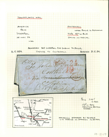 Stamp of Ireland » Postal History (Arranged alphabetically by County) Roscommon - Cootehall: 1854 Folded entire from New York to Cootehall, erroneously addressed by the sender "via Carrick on Shannon, Co. Leitrim", showing a fine array of rate mkgs in the form of "19" and "24" cents in red