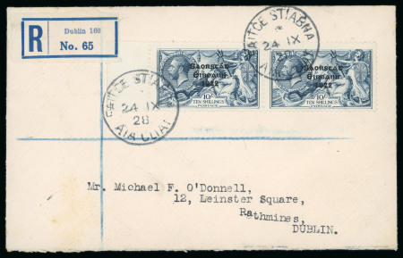 Stamp of Ireland » 1927-28 Wide Date Overprints (T72-T74) 2s6d Chocolate, 5s rose-red and 10s dull grey blue, complete set of wide date horizontal left sheet marginal pairs, each tied on individual registered covers with registered labels alongside, an outstanding set and as a 