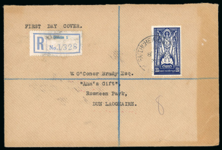 Stamp of Ireland » Definitives 1937 – St. Patrick High Values Complete First Day Covers. A spectacular and extremely rare exhibition-quality set of the three high values: 2s6d green, 5s maroon, and 10s blue. Each is individually tied on separate regis