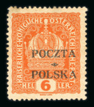 Stamp of Poland Poland 1919 6H orange, mint hinged, cert., 1919, 80H reddish brown POCZTA * POLSKA overprint inverted, used, cert.