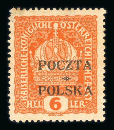 Stamp of Poland Poland 1919 6H orange, mint hinged, cert., 1919, 80H reddish brown POCZTA * POLSKA overprint inverted, used, cert.