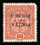 Stamp of Poland Poland 1919 6H orange, mint hinged, cert., 1919, 80H reddish brown POCZTA * POLSKA overprint inverted, used, cert.