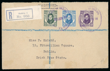 Stamp of Ireland » 1922-49 Dublin Government Printing Works Issues 1929 O'Connell complete of all three values, all tied on a registered envelope by a large oval violet BAILE ÁTHA CLIATH/22.JUN.1929 first day cancel, very fine and scarce (Hib. C1-C3, €900+)