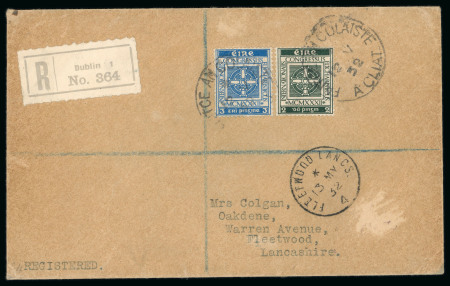 Stamp of Ireland » 1922-49 Dublin Government Printing Works Issues 1932 Eucharistic Congress complete both values, tied on a registered envelope by FAITCE AM COLAISTE/A CLIAT/12.V.32 first day cancel, very fine and a scarce first day usage (Hib. C6-7, €350)