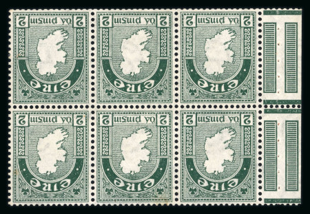 Stamp of Ireland » Booklets 1931-40 SE 2d pearl-green, mint nh booklet panes of six, showing normal and inverted wmks, tone spot and gum wrinkle, fresh, very fine and scarce (Hib. HP4, HP4wa, €950)