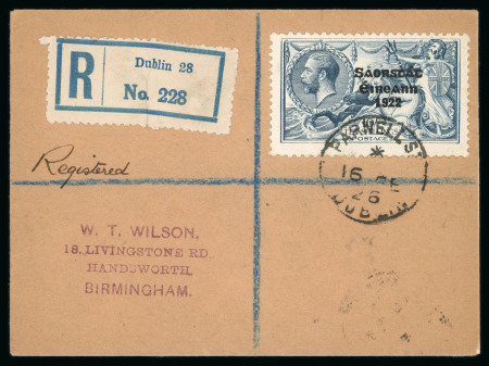 Stamp of Ireland » 1925 Narrow Date Overprints (T66-T68) 2s6d chocolate-brown, 5s rose red and 10s dull grey blue, each individually tied on three separate registered envelopes to Birmingham, by PARNELL ST/DUBLIN cds, a wonderful and valuable set of philatelic usages, rare