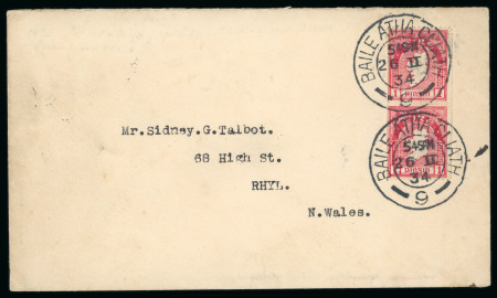 Stamp of Ireland » Definitives 1933–1935 – Extremely Rare 1d Scarlet Coil on Cover. A very fine and striking vertical pair of the 1d Scarlet Definitive Coil, perf. 15 × imperf. with single perforation, both neatly tied by BAILE ATHA CLIATH / 26.II.34