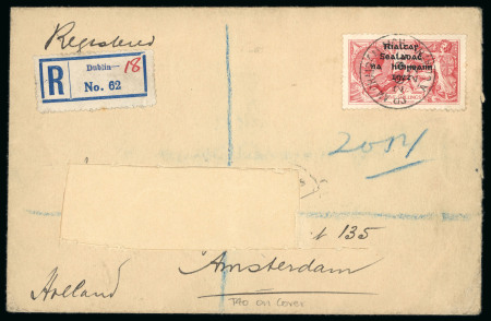 Stamp of Ireland » 1922 (Jul-Nov) Thom Overprints (T25-T41) 5s pale rose red, single tied on registered envelope from Dublin to Amsterdam, with Dublin "18" registered label alongside, the addressee's name removed, a fine and very scarce usage