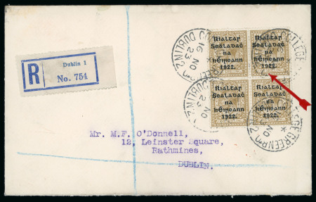 Stamp of Ireland » 1922 (Jul-Nov) Thom Overprints (T25-T41) 1s bistre-brown, block of four showing top right single with ONF for ONE variety, neatly tied COLLEGE GREEN/DUBLIN 2/16.NO.23 cds on registered cover to Rathmines, arrival bs, fresh, very fine and a rare usage of the err