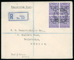 Stamp of Ireland » 1922-23 Thom Three-Line Overprints (T47-T61) 3d bluish violet, block of four, neatly cancelled BAILE ÁTHA CLIATH/6.JA.23/7, first day cancel on registered cover to Ballsbridge, similar bs, fresh, very fine and a rare first day of issue
