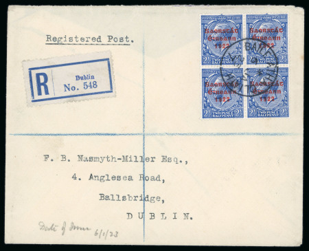 Stamp of Ireland » 1922-23 Thom Three-Line Overprints (T47-T61) 2 1/2d bright blue, block of four, neatly cancelled BAILE ÁTHA CLIATH/6.JA.23/7, first day cancel on registered cover to Ballsbridge, similar bs, fresh, very fine and a rare first day of issue (Hib. €800)