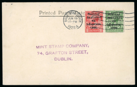 Stamp of Ireland » 1922 (Jun) Harrison Coils Overprints (T20-T24) 1/2d green and 1d scarlet, neatly tied by wavy line cancel with BAILE ÁTHA CLIATH/JUN.19.1922 first day datestamp alongside, on Irish Free State Stamps printed card to Dublin, fresh, very fine and a rare first day of iss