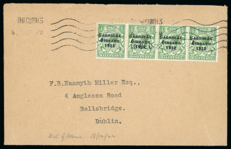 Stamp of Ireland » 1922-23 Thom Three-Line Overprints (T47-T61) 1/2d green, strip of four, neatly tied by wavy line cancel and dated BAILE ÁTHA CLIATH/18.DEC.22 first day cancel on cover to Ballsbridge, fresh, very fine and a rare first day of issue (Hib. €600)