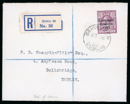 Stamp of Ireland » 1922-23 Thom Three-Line Overprints (T47-T61) 6d reddish-purple, neatly tied GRANBY ROW/DUBLIN/23.DE.22 first day cancel on registered cover to Ballsbridge fresh, very fine and a rare first day of issue (Hib. €1'000)