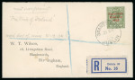 Stamp of Ireland » 1922-23 Thom Three-Line Overprints (T47-T61) 9d olive-green, neatly tied GRANBY ROW/DUBLIN/21.DE.22 first day cancel on registered cover to Birmingham, England, fresh, very fine and a rare first day of issue (Hib. €1'000)