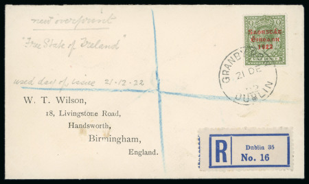 Stamp of Ireland » 1922-23 Thom Three-Line Overprints (T47-T61) 9d olive-green, neatly tied GRANBY ROW/DUBLIN/21.DE.22 first day cancel on registered cover to Birmingham, England, fresh, very fine and a rare first day of issue (Hib. €1'000)
