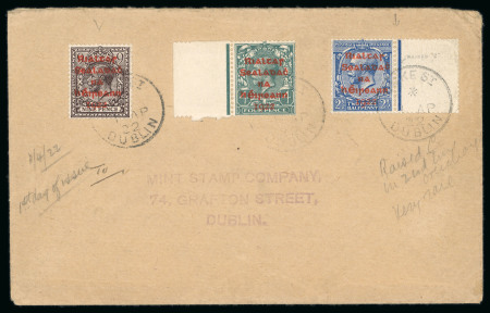 Stamp of Ireland » 1922 (Feb) Dollard Overprints (T1-T14) 2 1/2d blue (with scarce raised second "c" variety), 4d grey-green and 9d agate, red ovpt, all neatly tied DUKE St./DUBLIN/1.AP.22 first day cancel on cover to Grafton Street, fresh, very fine and a rare first day of iss