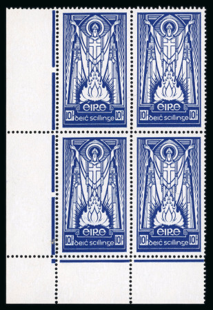 Stamp of Ireland » Definitives 1922-23 SE St.Patrick 2s6d green, 5s maroon and 10s blue, mint nh corner sheet marginal blocks of four, plus 1940-68 E St.Patrick 2s6d green, 5s maroon and 10s blue, mint nh corner sheet marginal blocks of four in both c