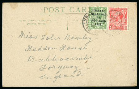 Stamp of Ireland » Political & Transitional Periods » The Consequences of Transition - 1923 to 1925 1924 (5.2) Postcard to Torquay, England, franked Harrison 1/2d green in combination with GB 1d scarlet, both tied BALLYBAY/CO.MONAGHAN/5.FE.24 cds, some creases, a fine and scarce late usage of a GB stamp used in Ireland