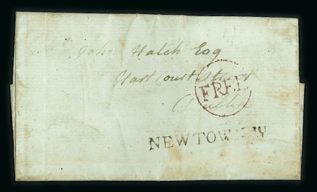 Stamp of Ireland » Postal History (Arranged alphabetically by County) Wicklow - Newtownmountkennedy: 1787-1856 Attractive group of nineteen covers or part covers mounted on 13 album pages, showing an array of postal markings including linear early 1787 and 1789 NEWTOWN in black, 2-line NEW