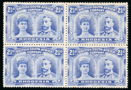 Stamp of Rhodesia 1910-13 2 1/2d, four shades in fine mint block of four