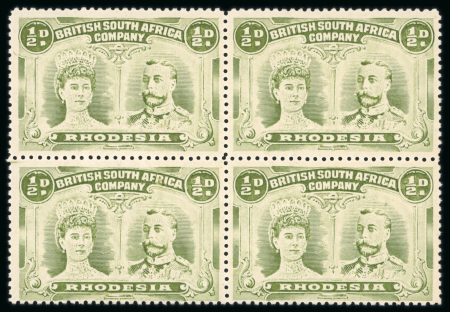 Stamp of Rhodesia 1910-13 1/2d olive-green perforation 14 pl. 1 in block of four mint