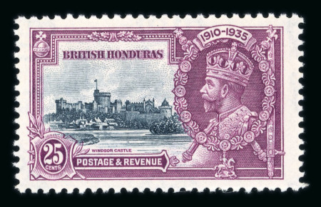 Stamp of British Honduras 1935 Silver Jubilee 25c slate and purple, mint single showing "flagstaff on right-hand turret" variety, plus 3c ultramarine and grey-black, mint pair one showing "extra flagstaff",  fine and scarce (SG 143a, 146e, £530)