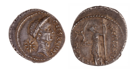 Roman Republic, Julius Caesar, as Imperator with Publius Sepullius Macer as Moneyer. AR denarius 3.67 g. 