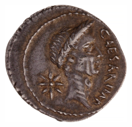 Roman Republic, Julius Caesar, as Imperator with Publius Sepullius Macer as Moneyer. AR denarius 3.67 g. 