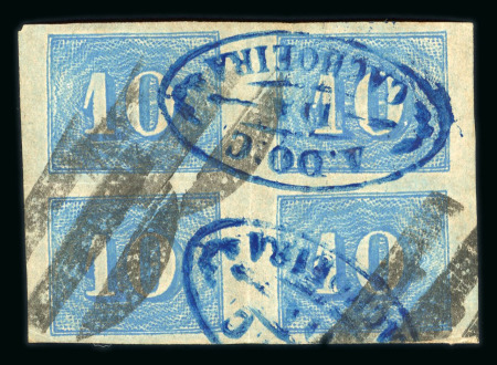 Stamp of Brazil » 1850-66 Upright Figures Brazil 1854 10r blue block of four used bar cancels  and blue oval Cachoeira hs