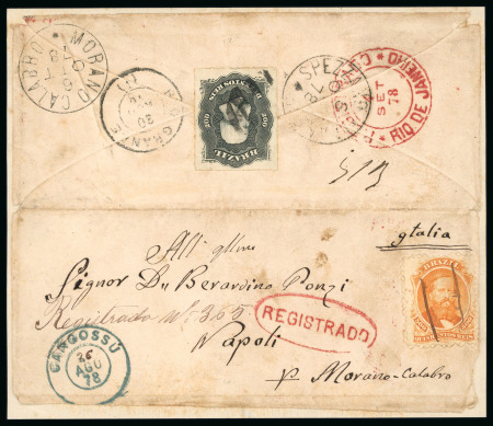 Stamp of Brazil » 1866-83 Dom Pedro » 1866 "Black Beard" Issue Brazil 1878 registered cover Cangossu to Naples, Italy franked Pedro 200r and 500r