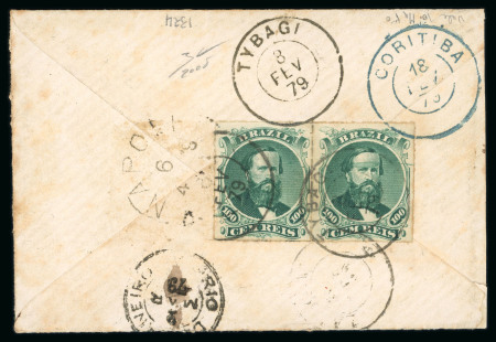 Stamp of Brazil » 1866-83 Dom Pedro » 1876 Roulette "Black Beard" Issue Brazil 1879 cover Pedro 100r x 3 Tybagi to Naples, Italy