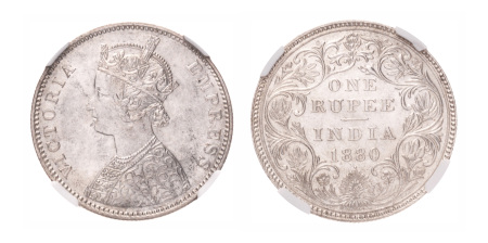 British India, 1880 Victoria Rupee, Bombay mint, slant