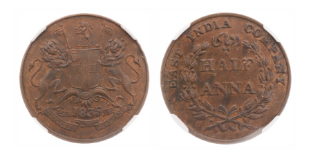 British India, 1835 (B), 1/2 Anna, NGC AU 55 