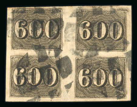 Stamp of Brazil » 1850-66 Upright Figures Brazil 1850 600r black four margined  block of four used